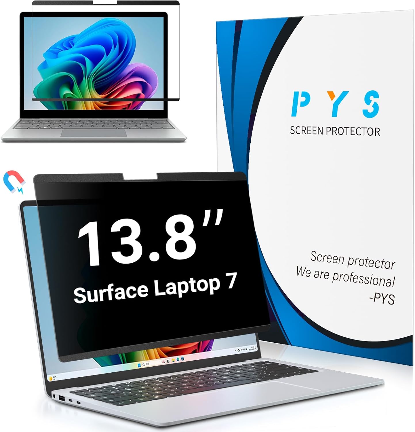 PYS Magnetic Privacy Screen for Surface Laptop 7 13.8 inch front view displaying sharp screen clarity from the center position