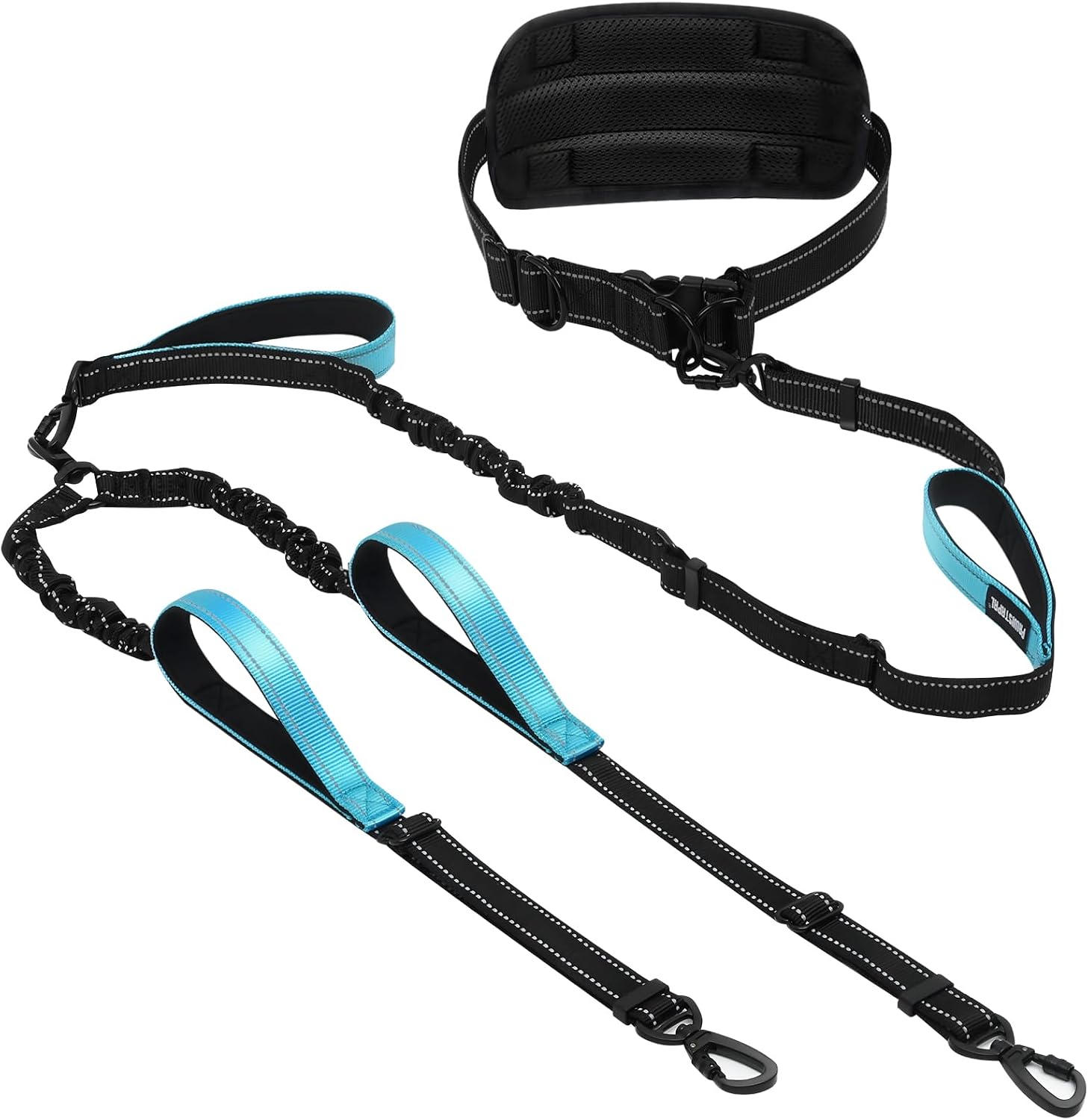 PawistaPal heavy duty hands free double dog leash in neon green front view showcasing the wide padded waist belt.