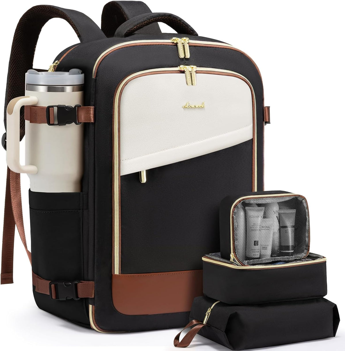 LOVEVOOK 40 Liter travel backpack for women front view in black and beige