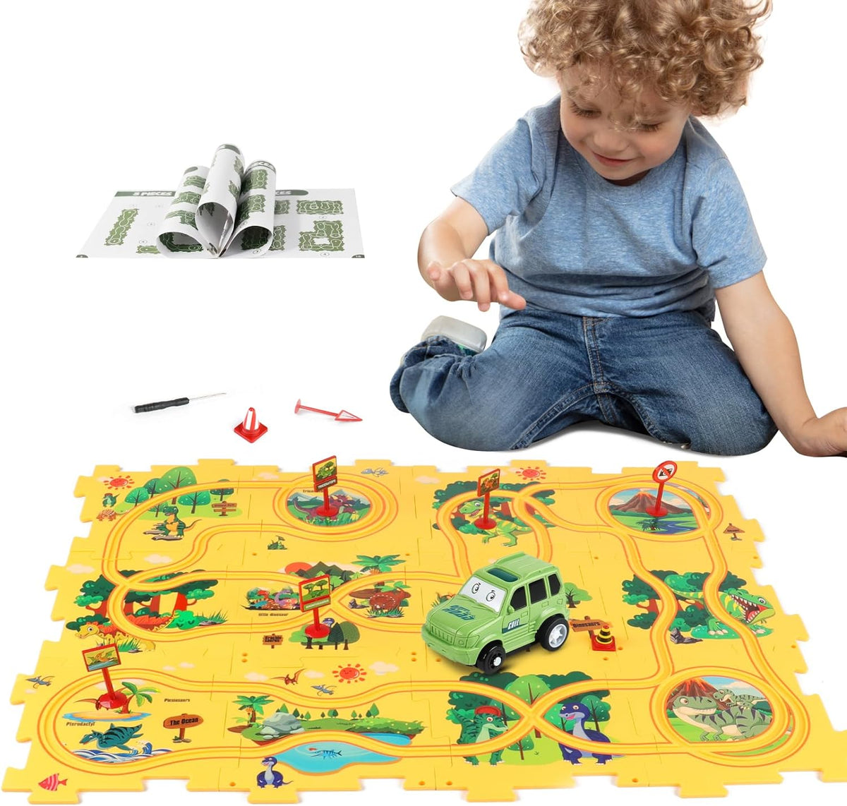 XAZASTOV plastic floor puzzle track car play set packaging box front view featuring dinosaur theme graphics.