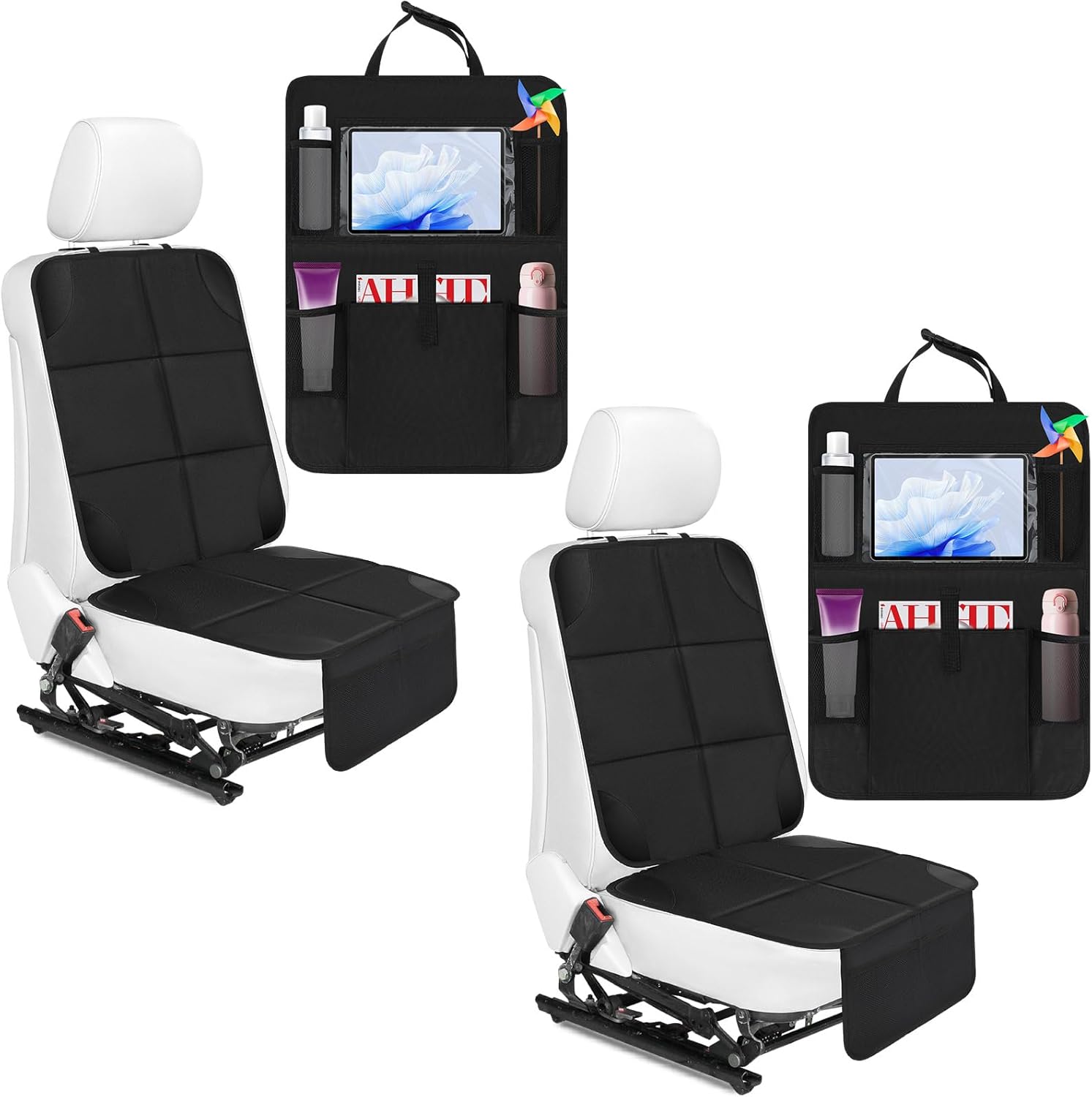 Aurelema four pack car seat protector and backseat organizer kit laid out in a black vehicle interior.