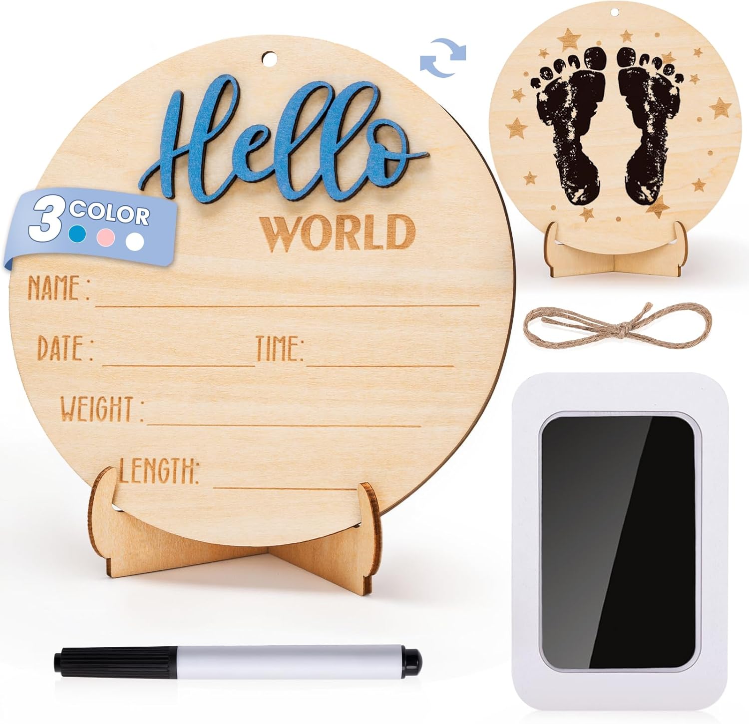 Giftacity Baby Hello World Announcement Sign front view showing blue three-dimensional lettering and birth statistic fields.