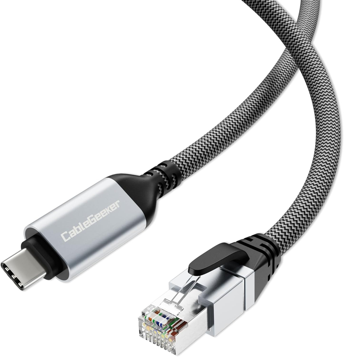 CableGeeker Ethernet to USB-C cable front view showing braided design