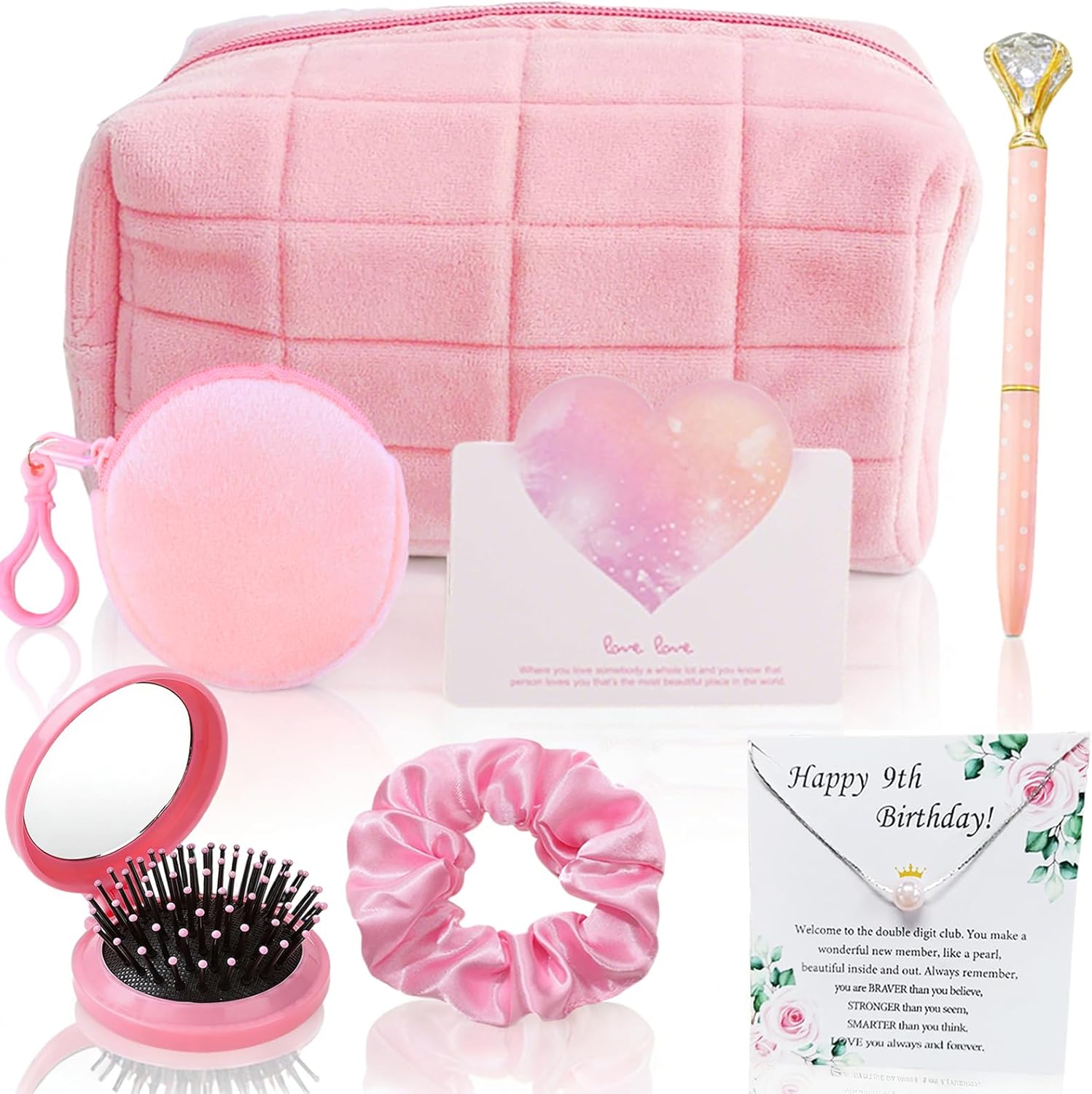 PLKDJDM 7 Piece Girl Birthday Gift Set front view showcasing the complete pink quilted makeup bag collection