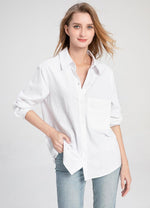 Minibee cotton linen blouse side profile showing high low hem