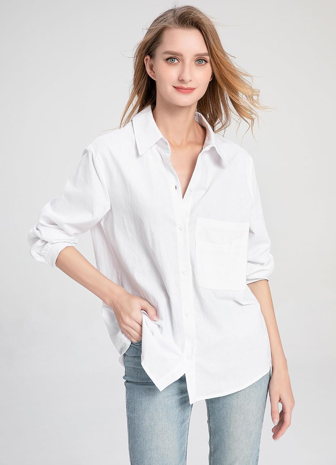 Minibee cotton linen blouse side profile showing high low hem