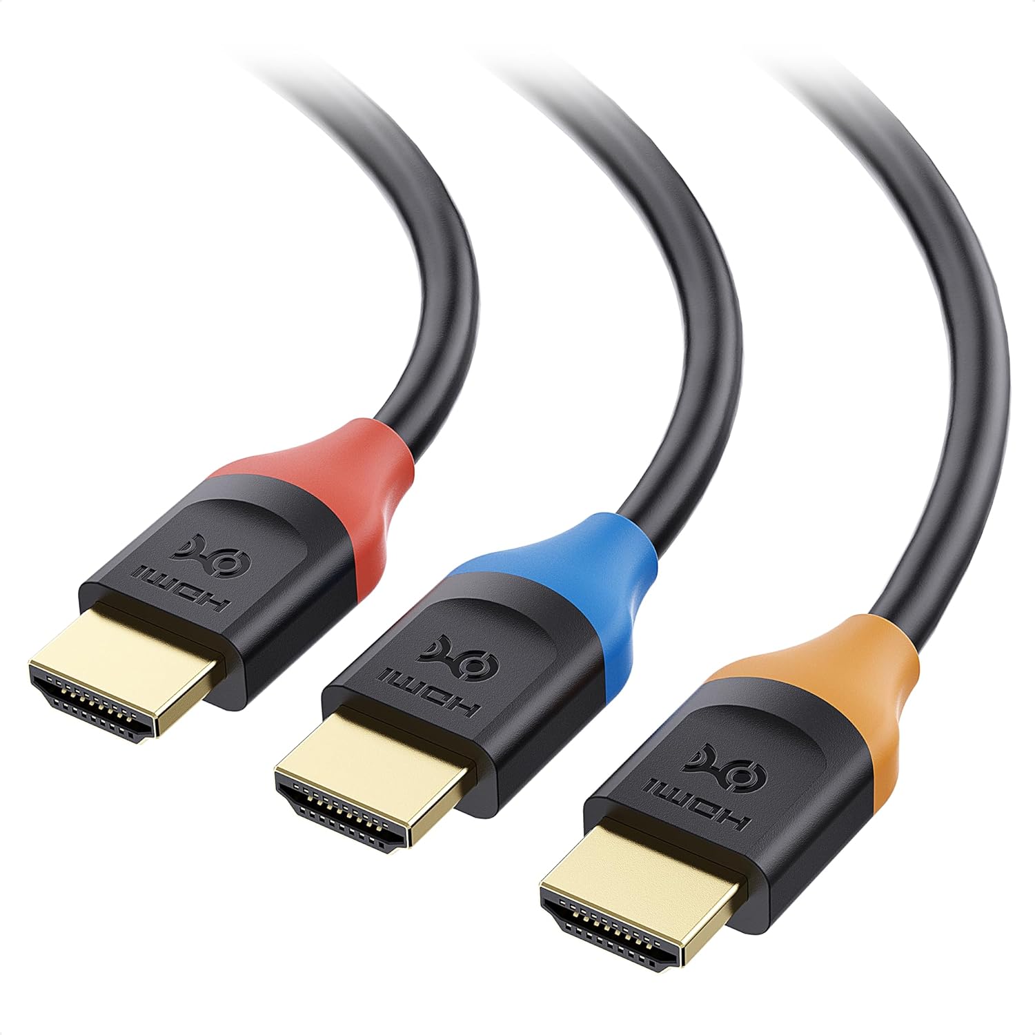 Cable Matters 3 pack high speed HDMI cable 15 feet front view showing color coded connectors