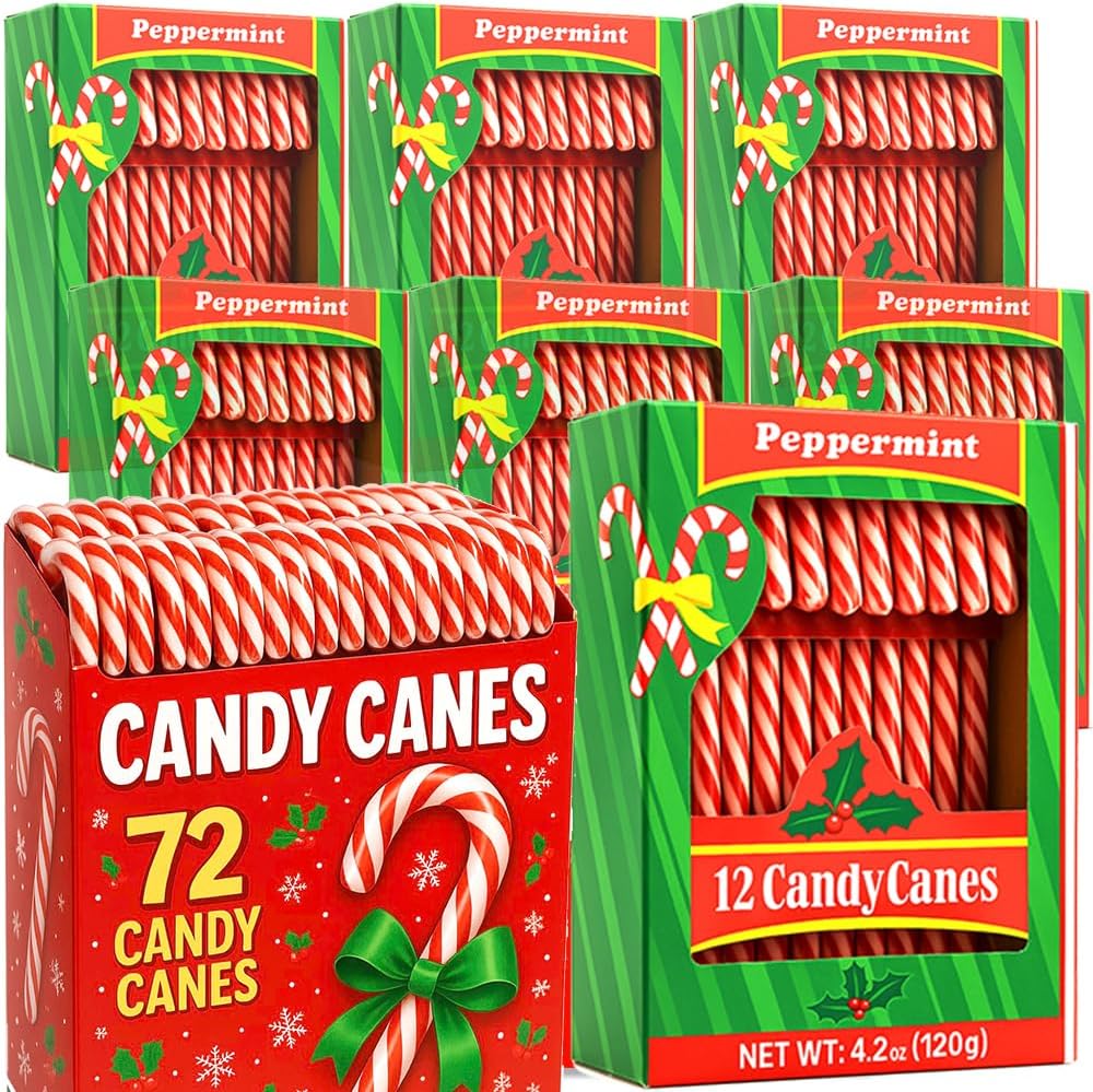 Muchai Innovations peppermint candy canes 72 pieces front view showcasing festive red and white striped holiday packaging