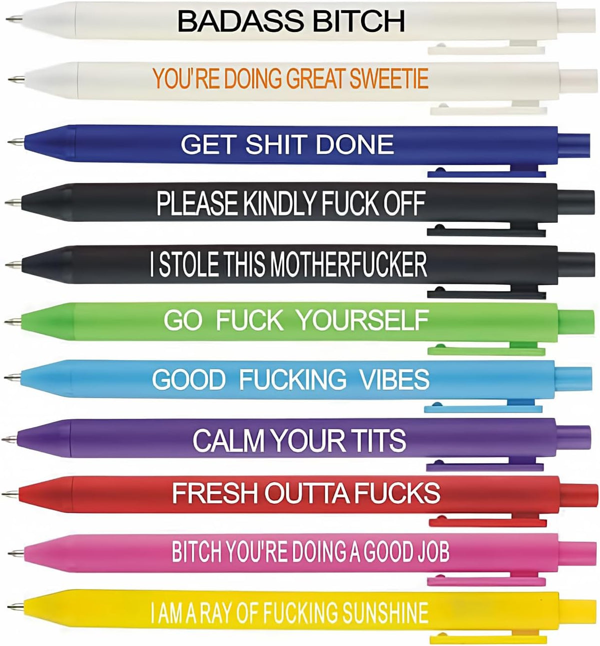 Cityhermit funny adult ballpoint pen set front view showing assorted colorful barrels.