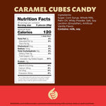 Close up of individually wrapped vanilla caramel cubes displaying the premium chewy candy texture.
