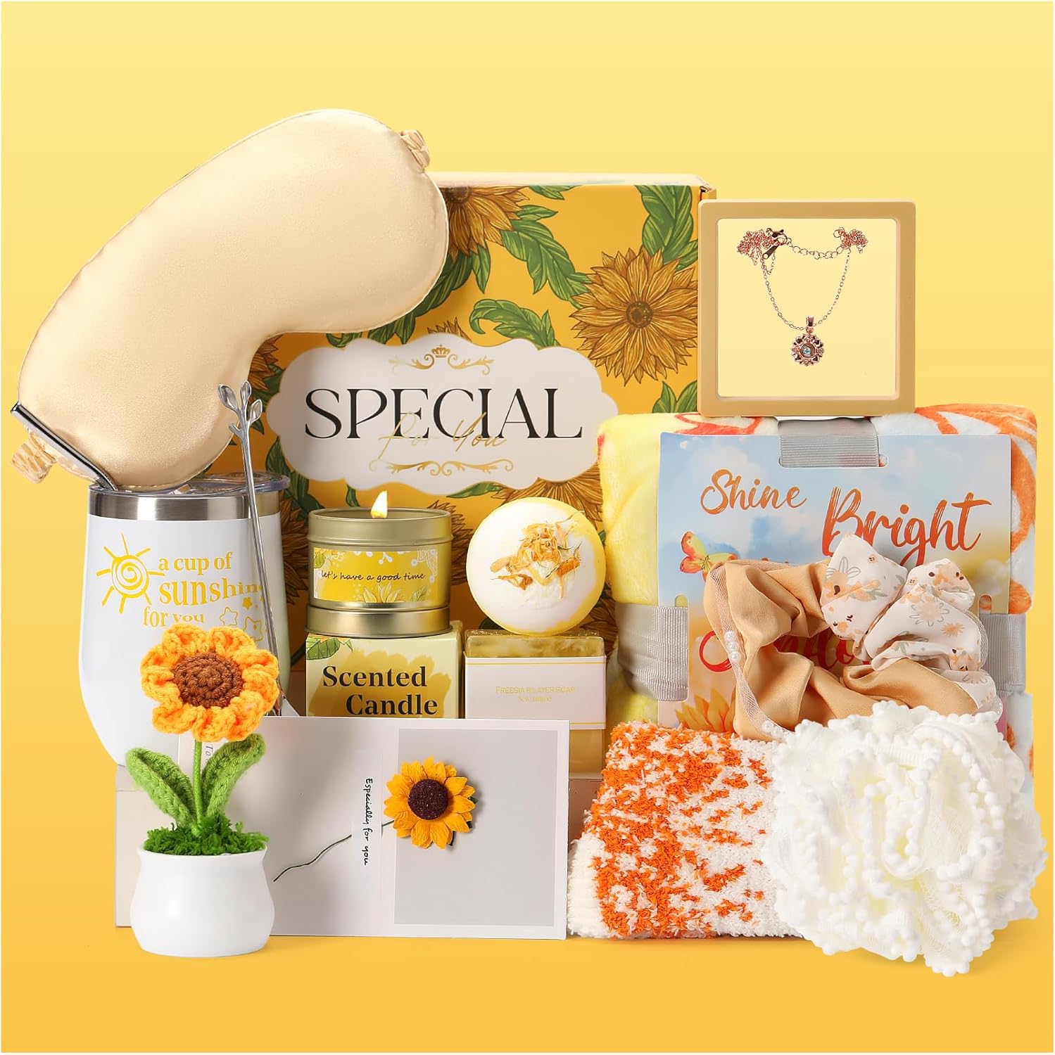 Sandoloni Christmas Sunflower Gifts Basket for Women front view showing full 15 piece collection