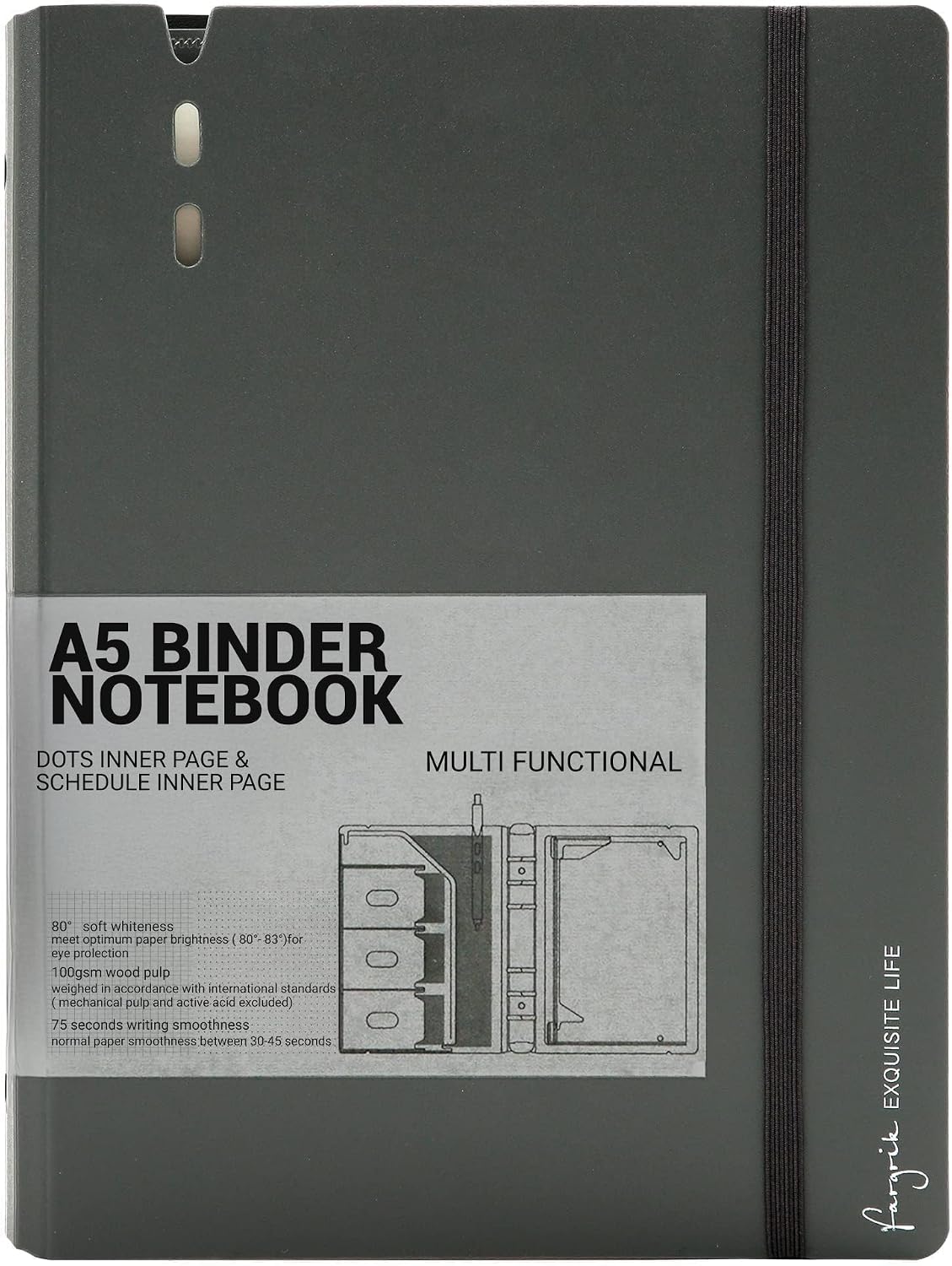 CAGIE A5 binder notebook front view in grey