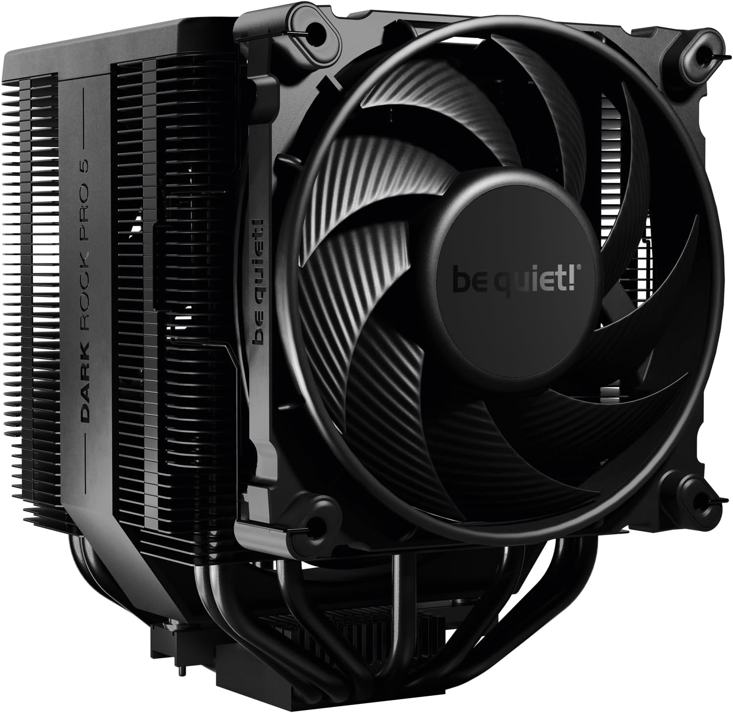be quiet! Dark Rock Pro 5 dual tower air CPU cooler front view showing premium black ceramic finish.