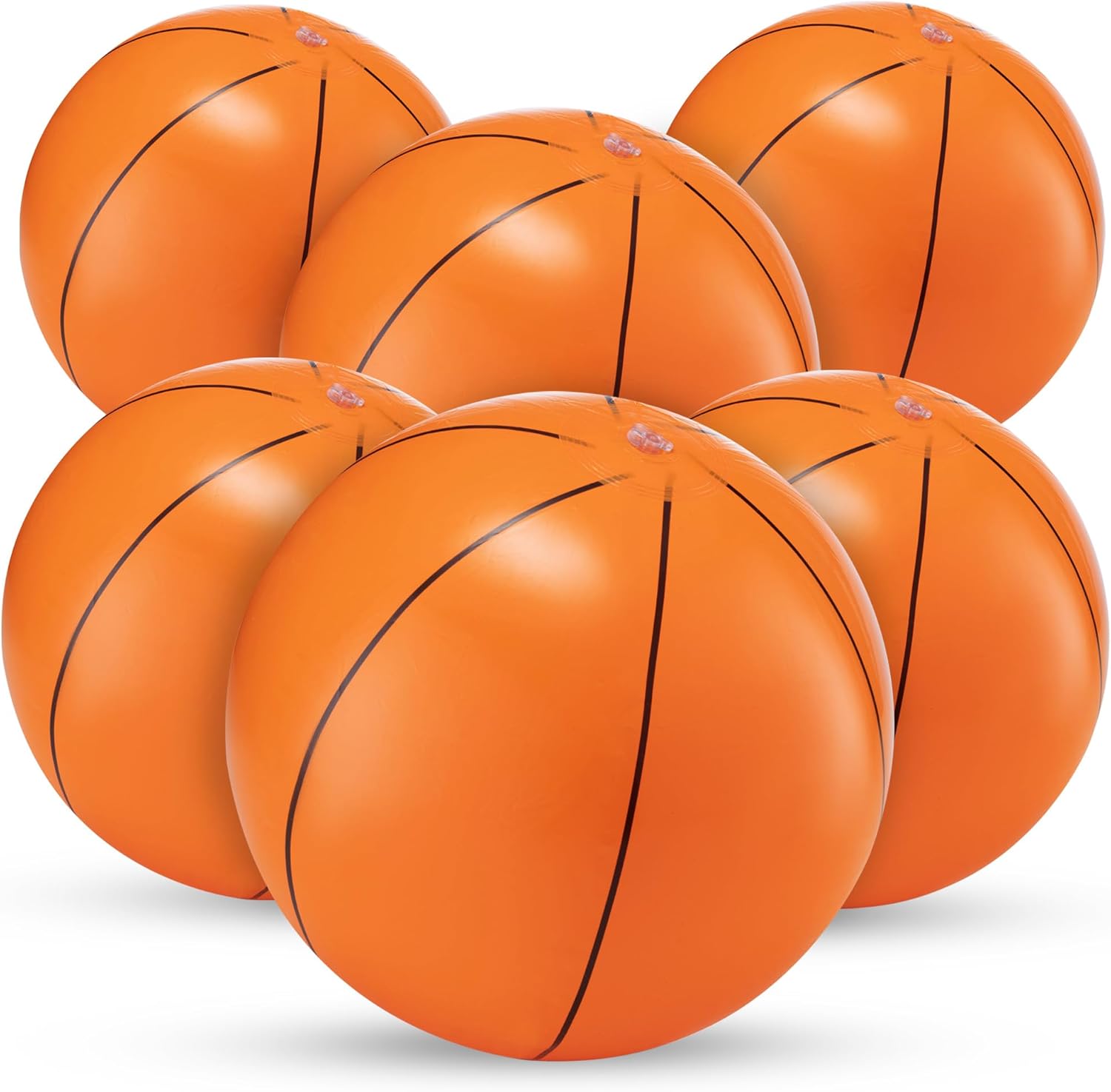 Bedwina inflatable basketball beach balls 6 pack front view showing realistic orange and black design