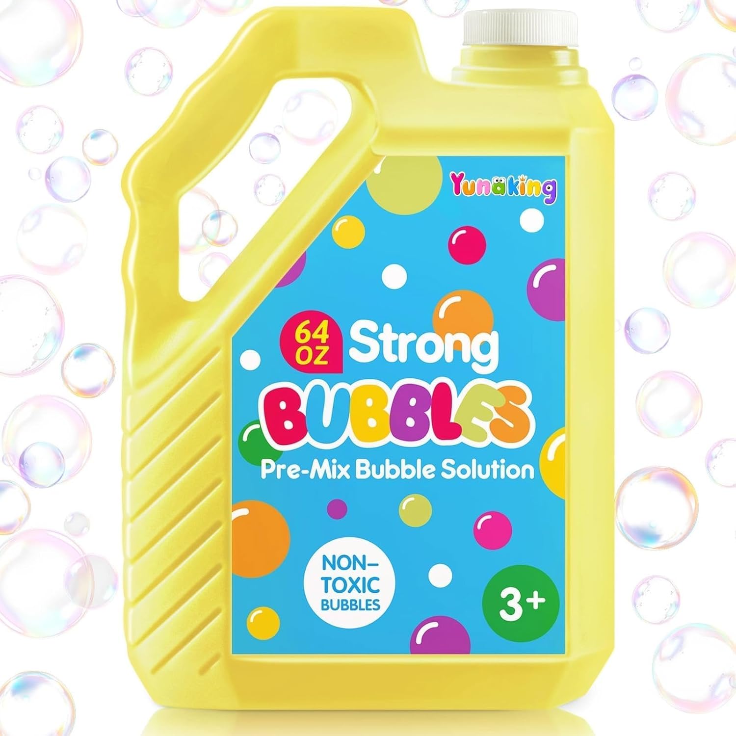 Yunaking Bubble Solution Refill sixty-four ounce bottle front view for kids outdoor play