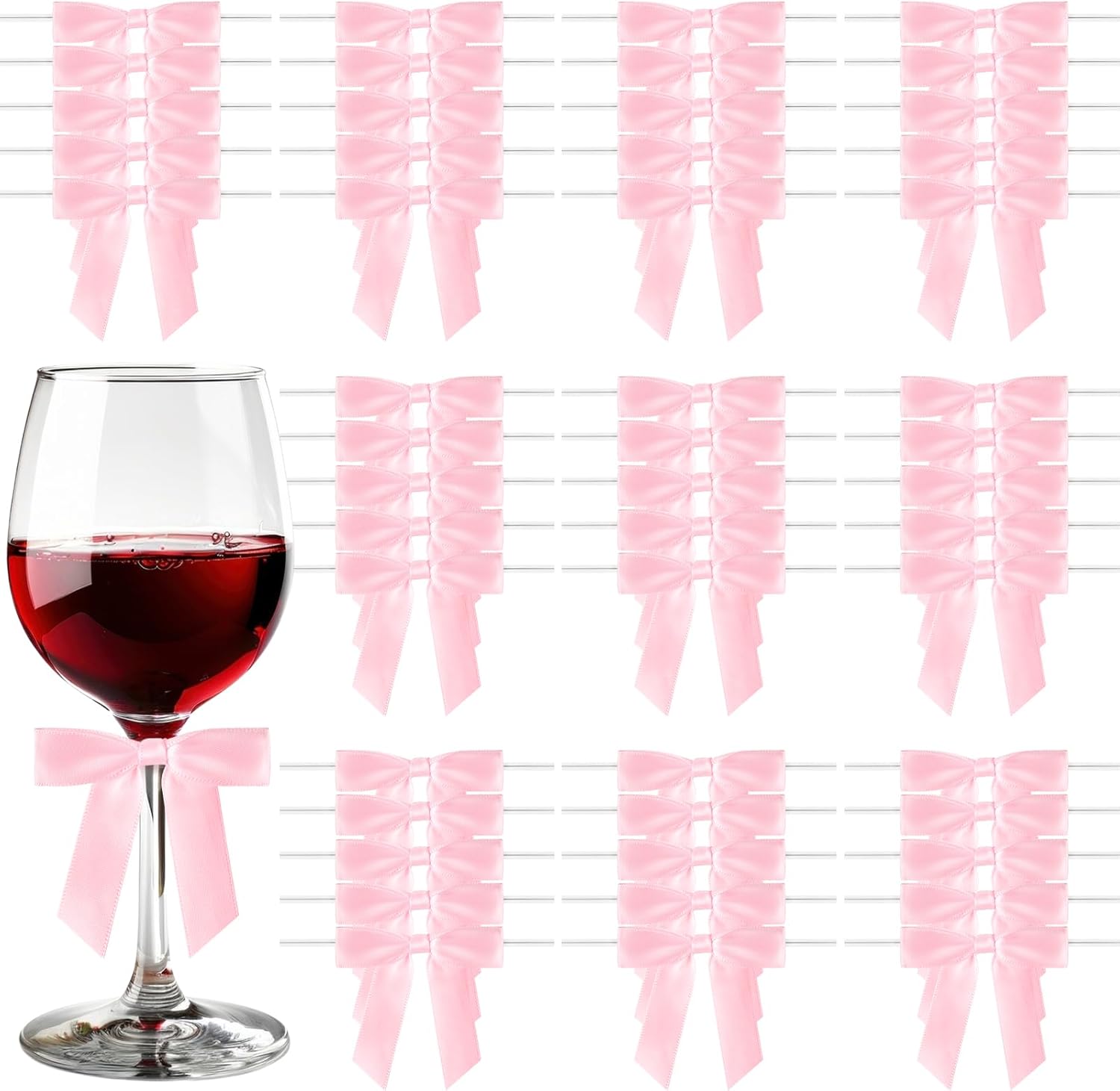 CLUEWR pink satin ribbon bows fifty pack front view for party favor bags
