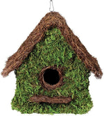 SuperMoss Maison Birdhouse front view showing fresh green woven moss and hanging chain