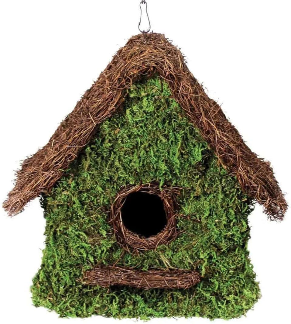 SuperMoss Maison Birdhouse front view showing fresh green woven moss and hanging chain