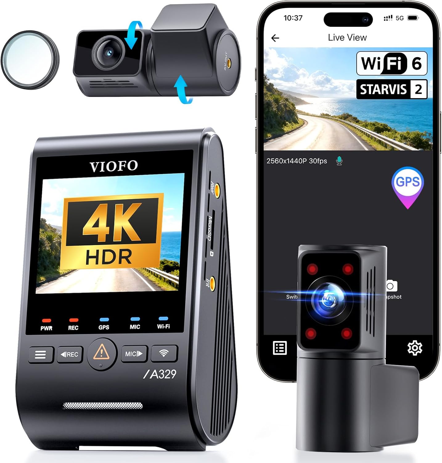VIOFO A329S 3 channel dash cam front view showcasing the premium 4K main lens unit.
