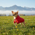 Morezi red rain jacket back view showcasing harness hole