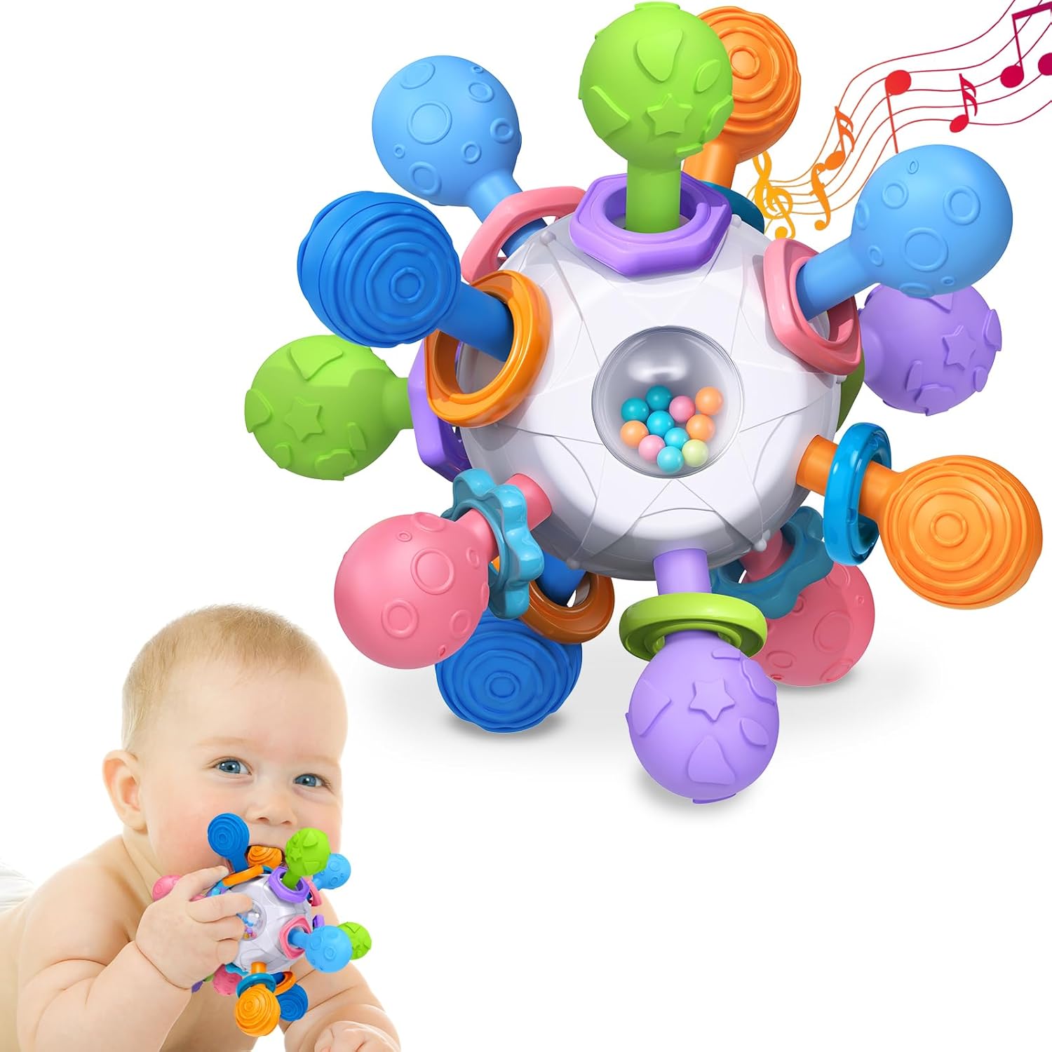 Tonberless baby teething toy front view showing twelve colorful textured silicone chew points on a white sphere.