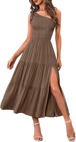 Merokeety one shoulder smocked midi dress front view