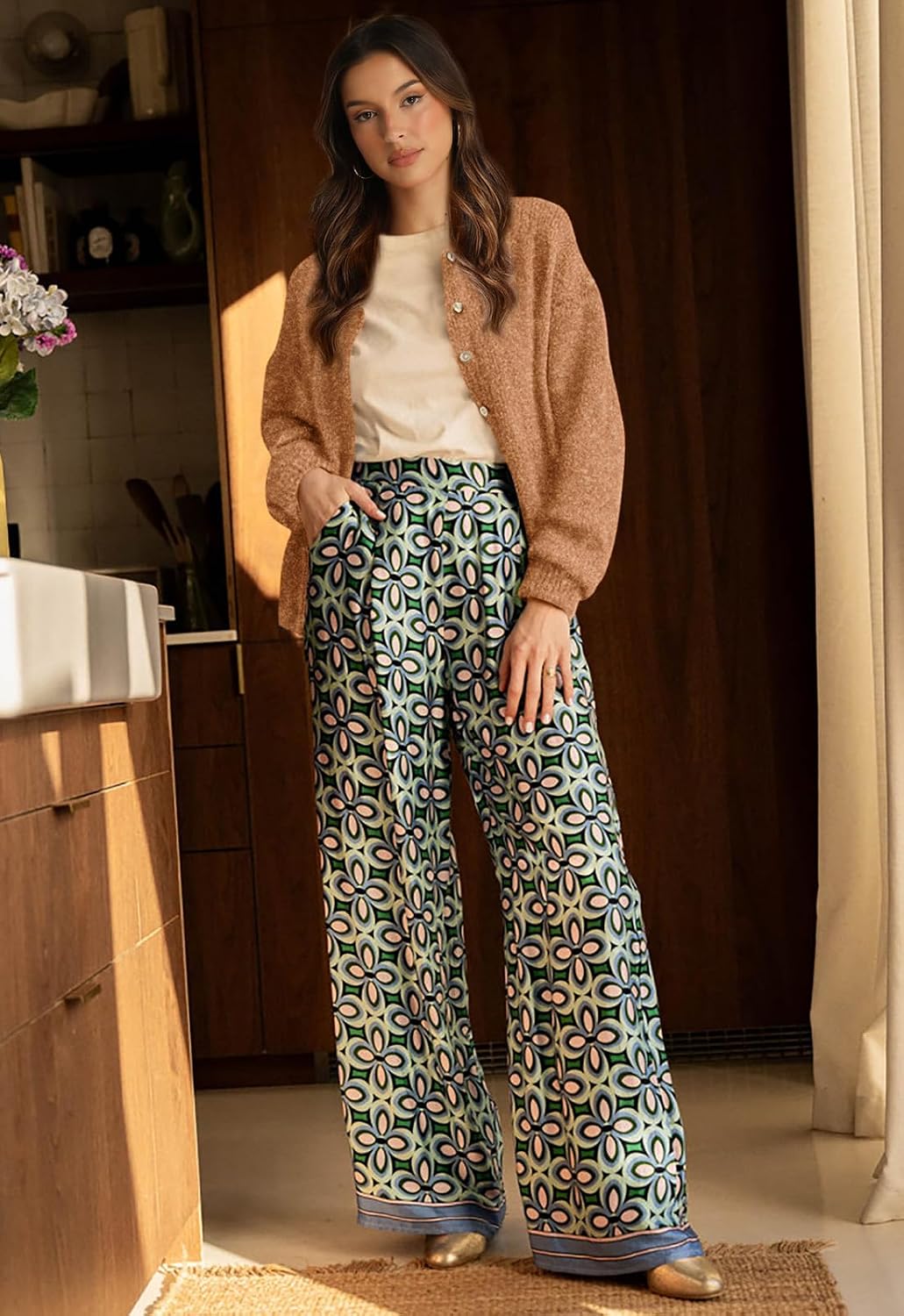 PRETTYGARDEN button-up sweater styled with denim jeans