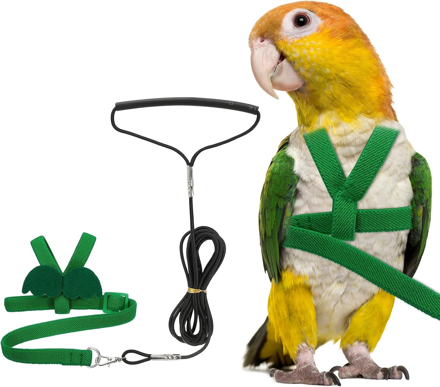 PETAXCELL bird harness and leash front view of adjustable green flight vest with wings