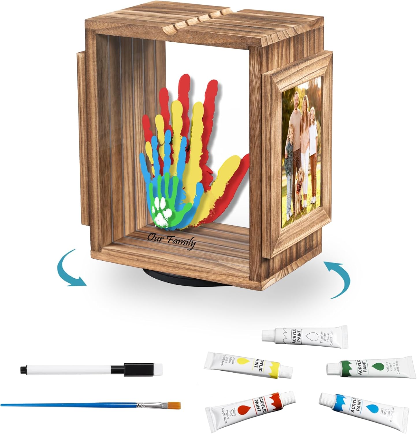 Emfogo family handprint kit front view showing brown rotating wooden frame and colorful paint prints