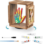 Emfogo family handprint kit front view showing brown rotating wooden frame and colorful paint prints