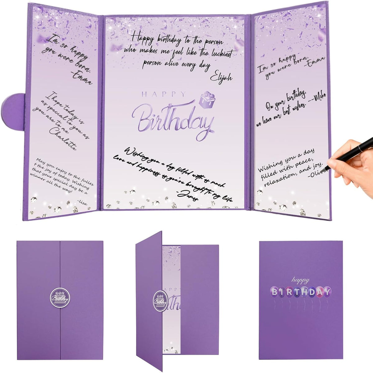 Crenics purple birthday guest book front view display