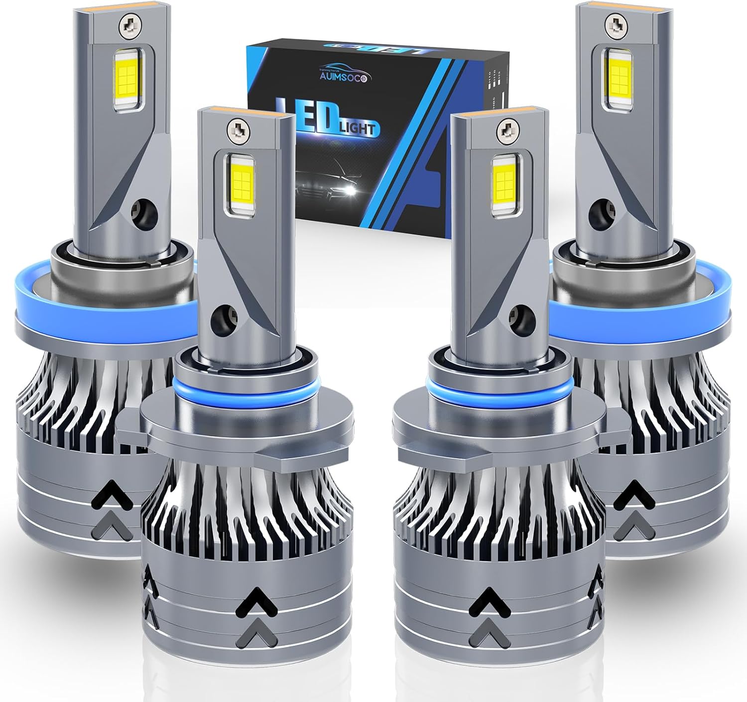 AUIMSOCO 9005 H11 LED Headlight Bulbs 4-pack front view showcasing premium aviation aluminum body and CSP chips.