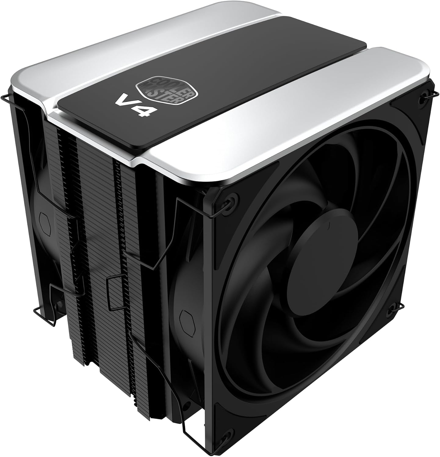 Cooler Master V4 Alpha 3DHP Black CPU Air Cooler front view showcasing dual tower design and premium Mobius fans.