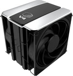 Cooler Master V4 Alpha 3DHP Black CPU Air Cooler front view showcasing dual tower design and premium Mobius fans.