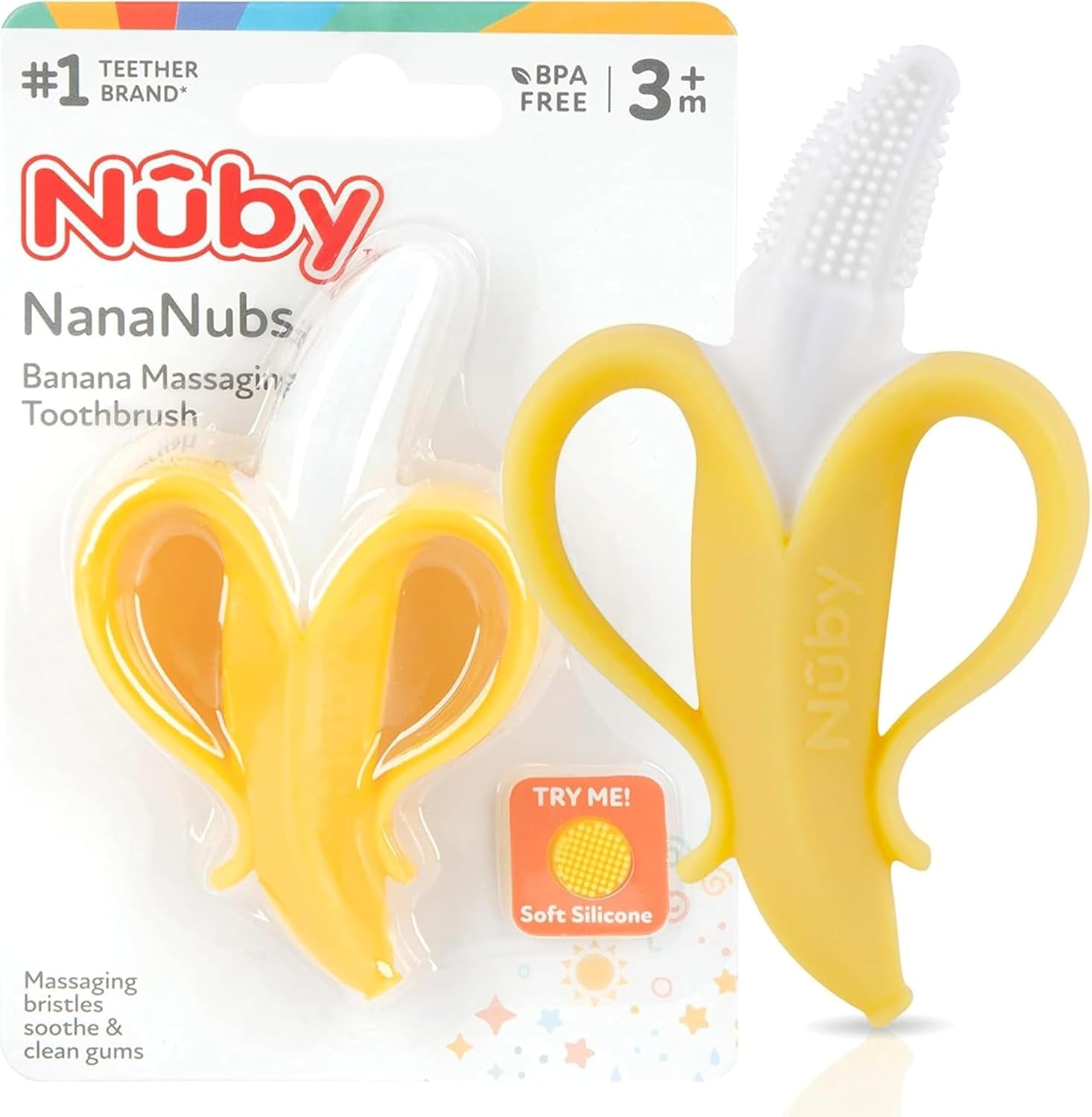 Nuby NanaNubs Banana Massaging Teether front view showing yellow silicone bristles for baby gum relief.