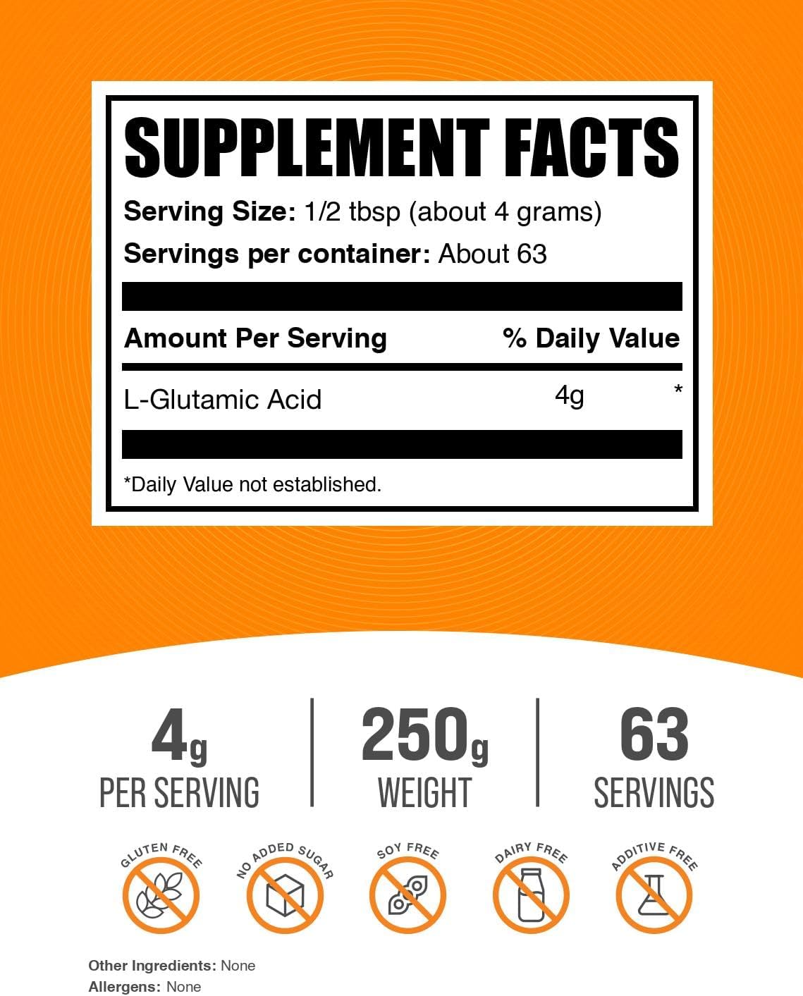 BulkSupplements unflavored gluten free glutamate powder for gut health nutrition details