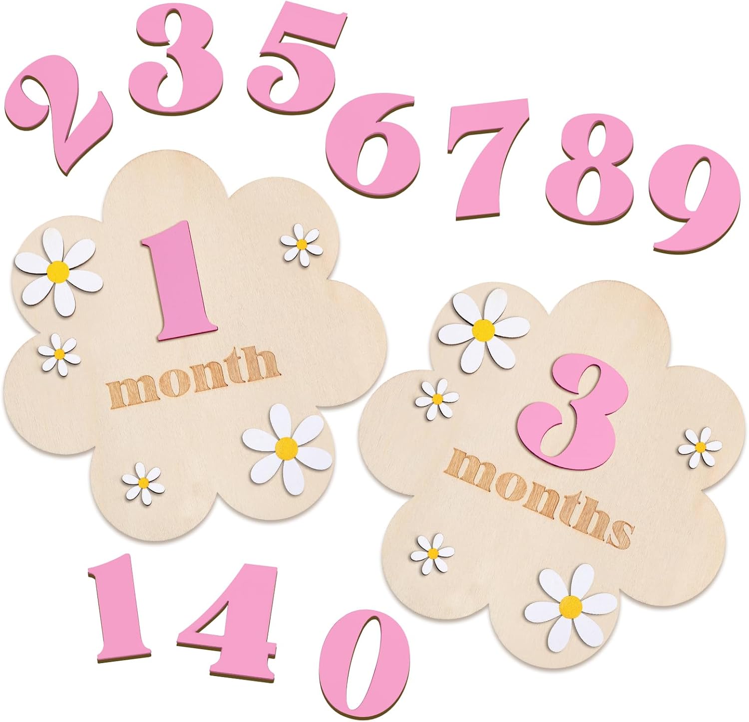 Burbell wooden daisy baby monthly milestone cards front view showing pink interchangeable numbers