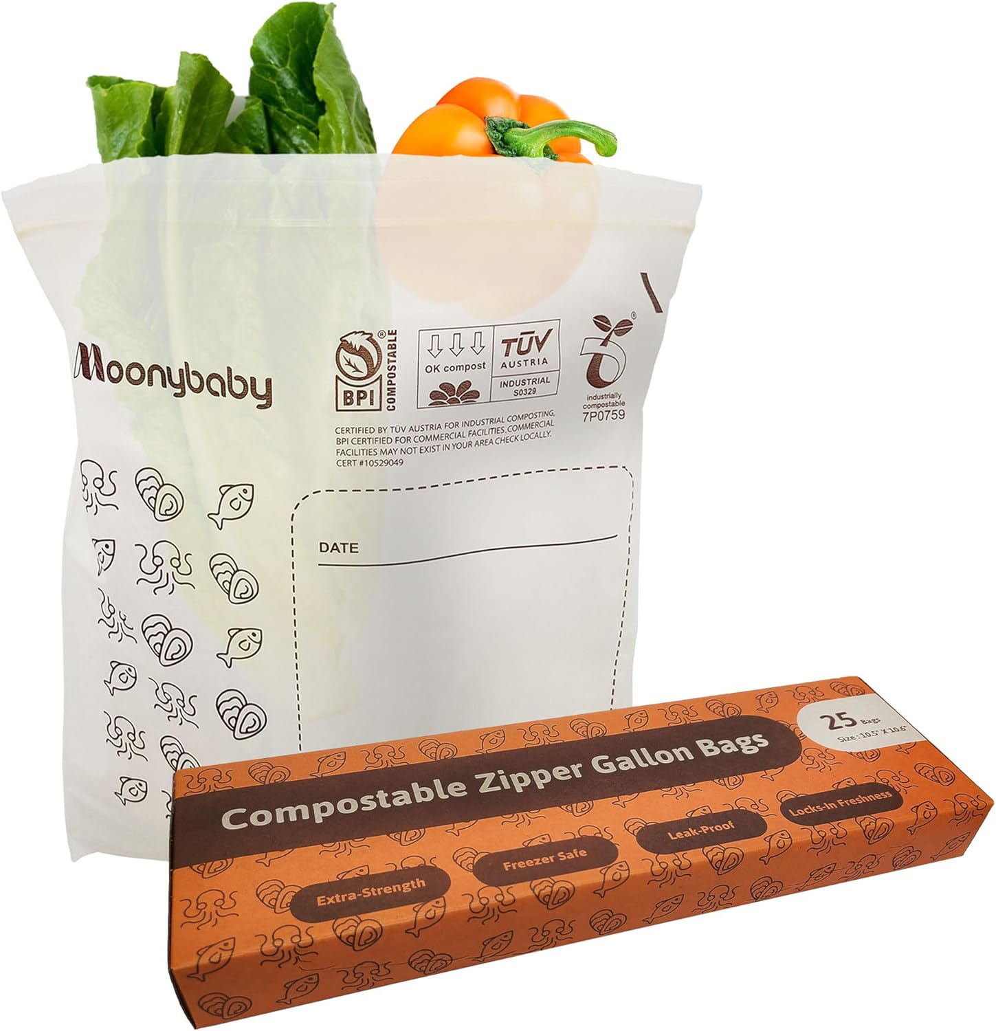 Moonybaby compostable gallon food storage bags box front view eco friendly kitchen essentials