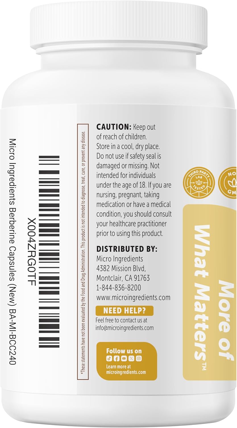 Micro Ingredients Berberine HCl with Ceylon Cinnamon 1,500 mg Per Serving, 240 Vegetarian Capsules | Berberine Supplement with Ceylon Cinnamon & Chromium | Non-GMO - Image 9