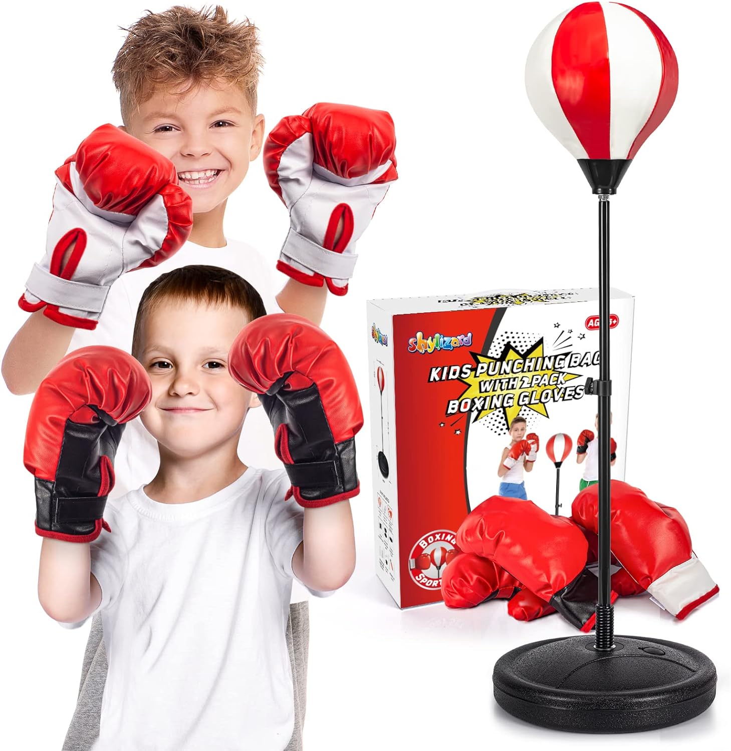 ShyLizard kids punching bag set with red boxing gloves and adjustable stand