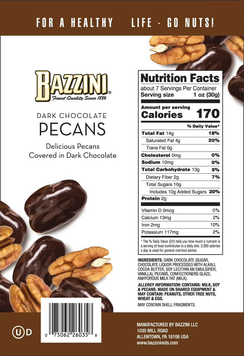 Gourmet roasted pecans coated in rich dark chocolate snack ingredients