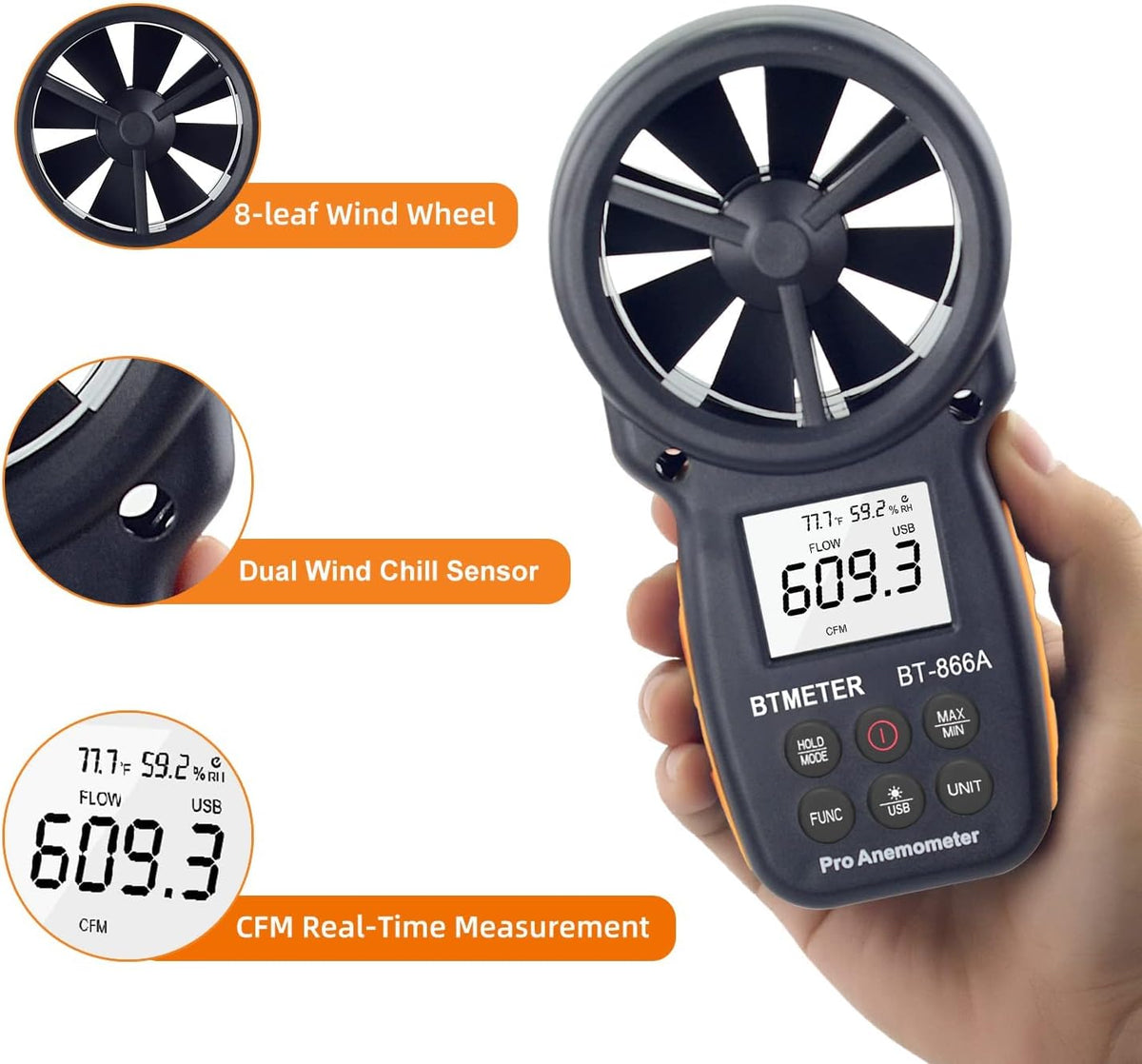BTMeter BT-866A Pro showing button controls for MAX MIN and unit switching