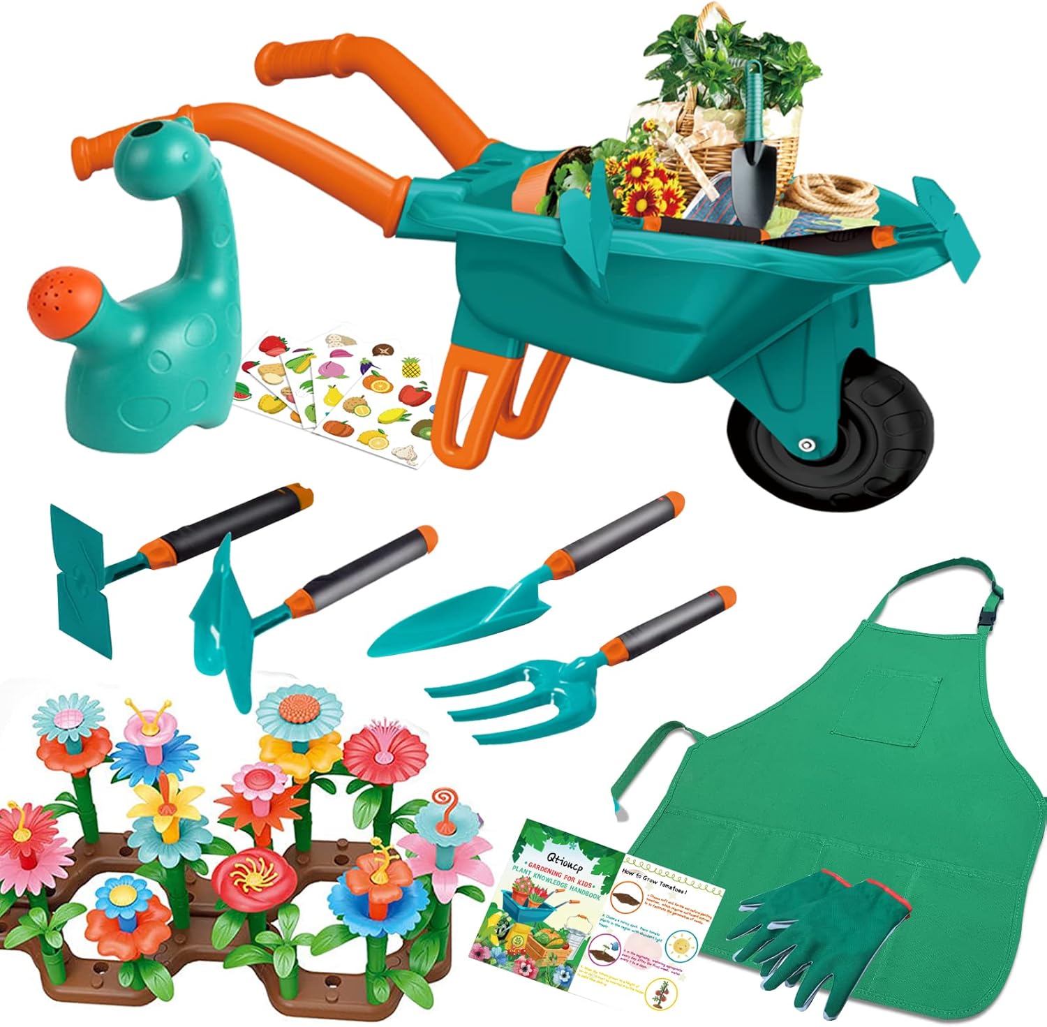 Qtioucp 16-piece kids gardening tools set front view featuring the bright green toy wheelbarrow and colourful hand tools.