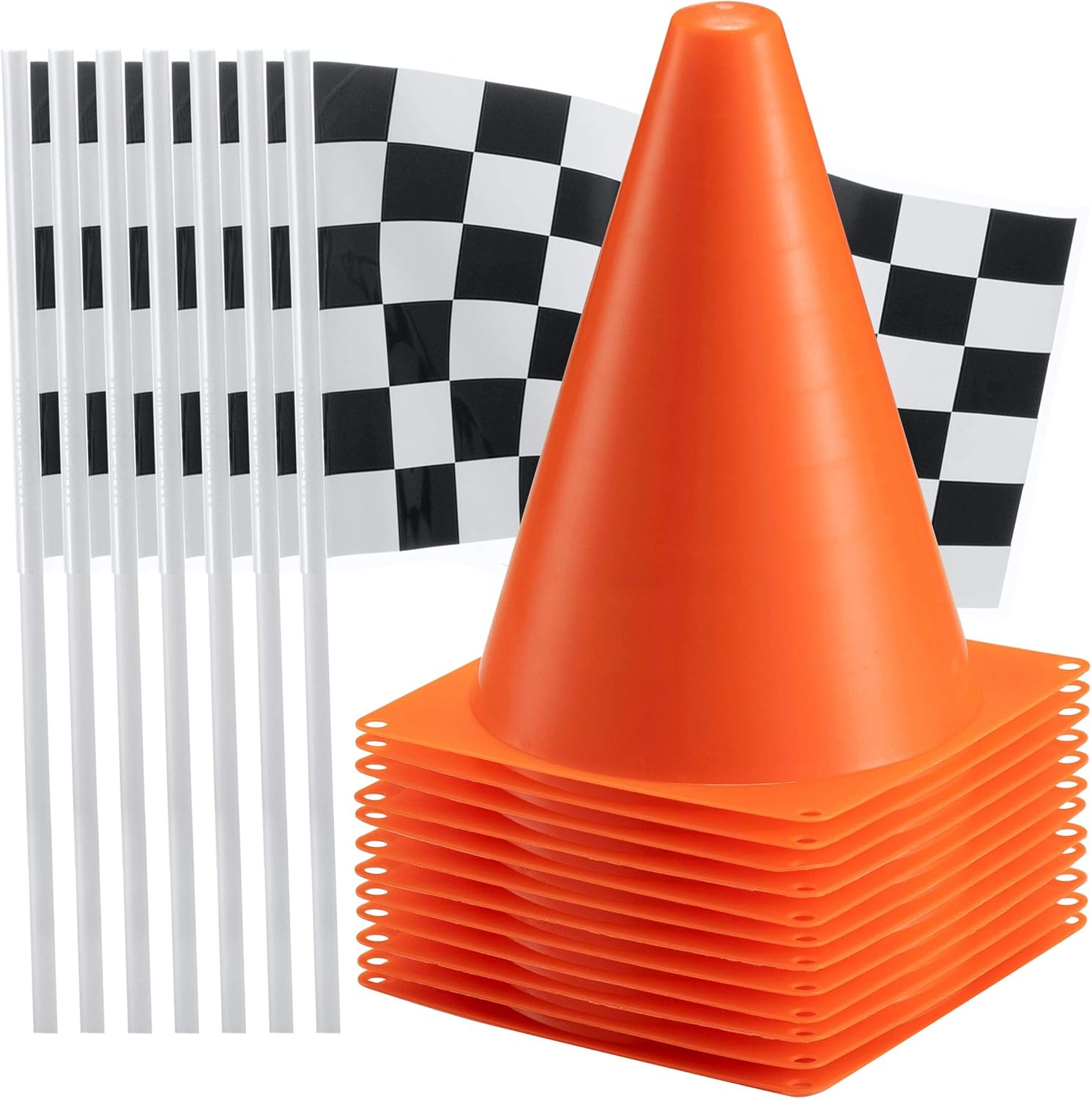 Bedwina race car party decor set featuring orange cones and checkered flags