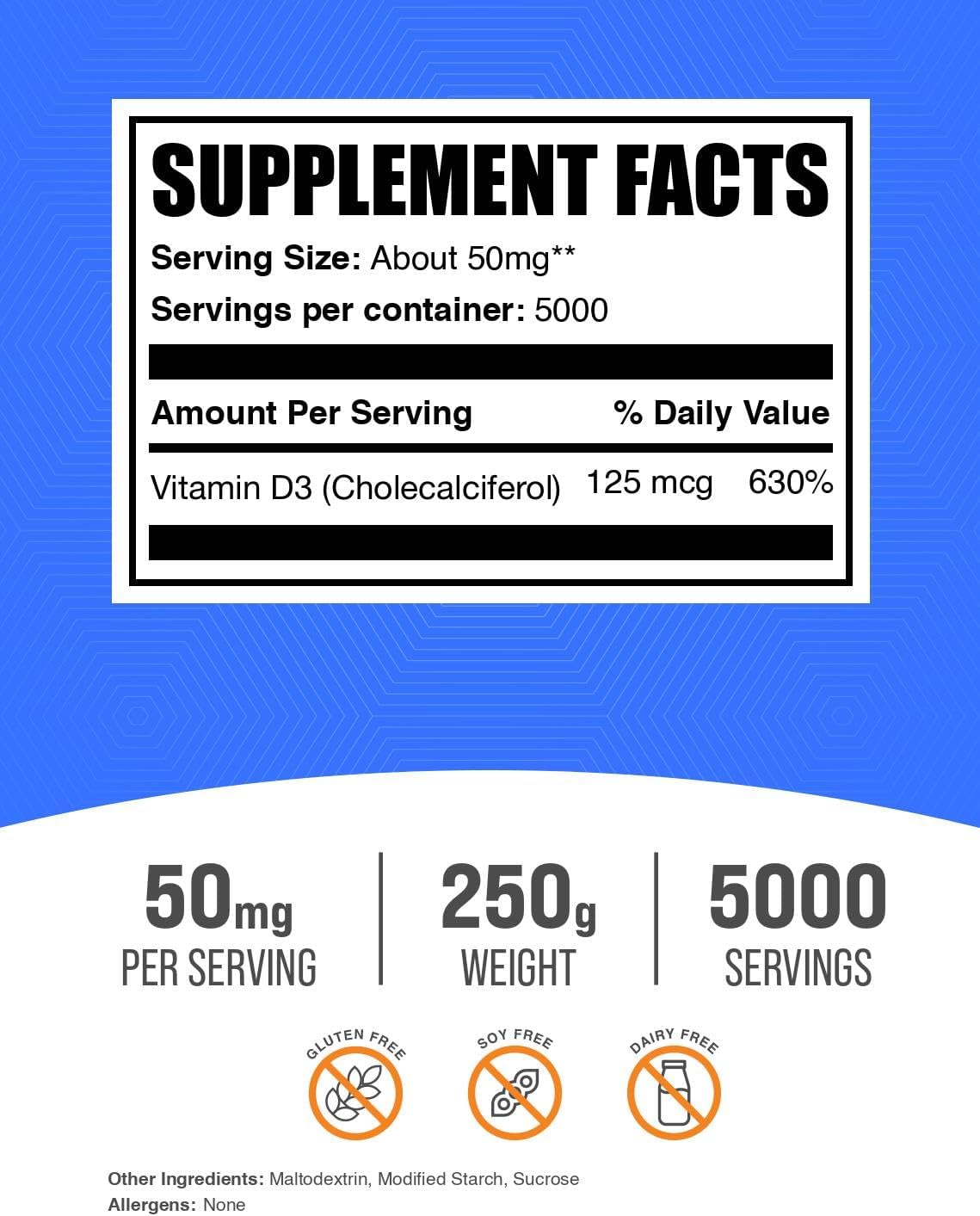 BulkSupplements.com Vitamin D3 Powder - Cholecalciferol, Vitamin D Supplements, 5000 IU - Gluten Free, 50mg (125mcg of Vitamin D3) per Serving, 250g (8.8 oz) (Pack of 1) - Image 2