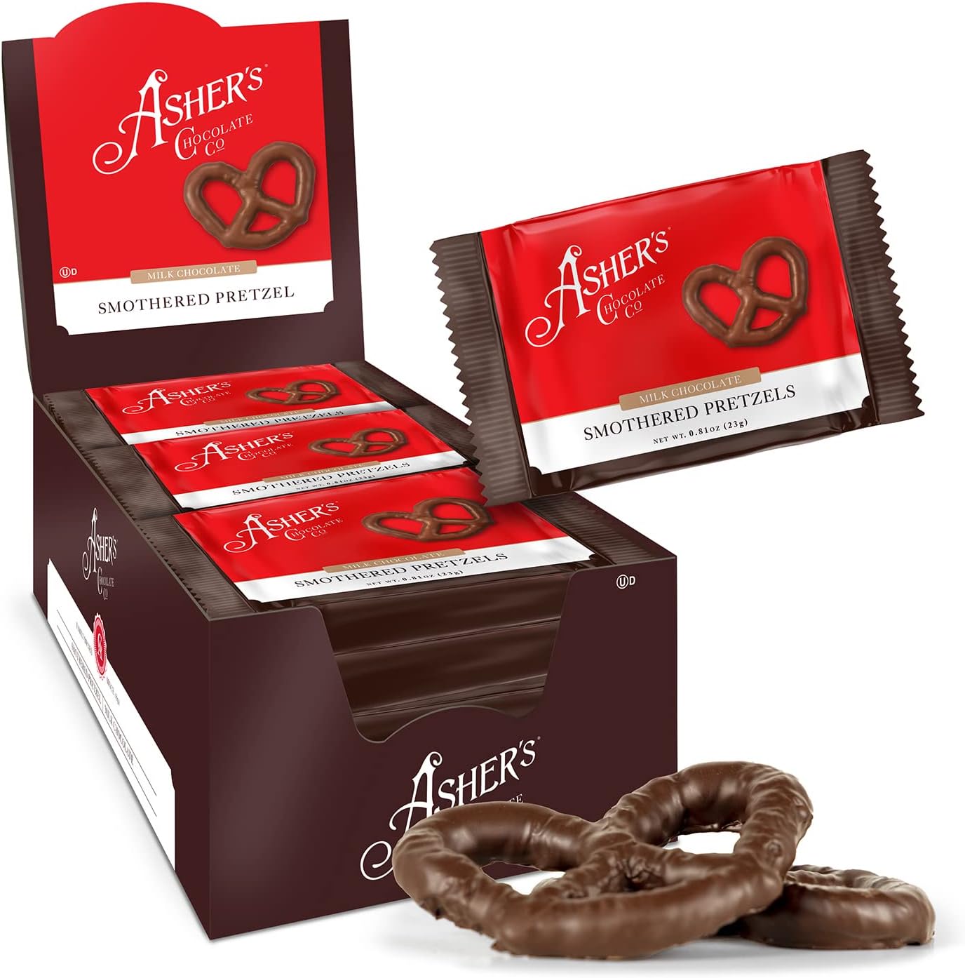 Asher's Chocolates milk chocolate covered pretzels front view