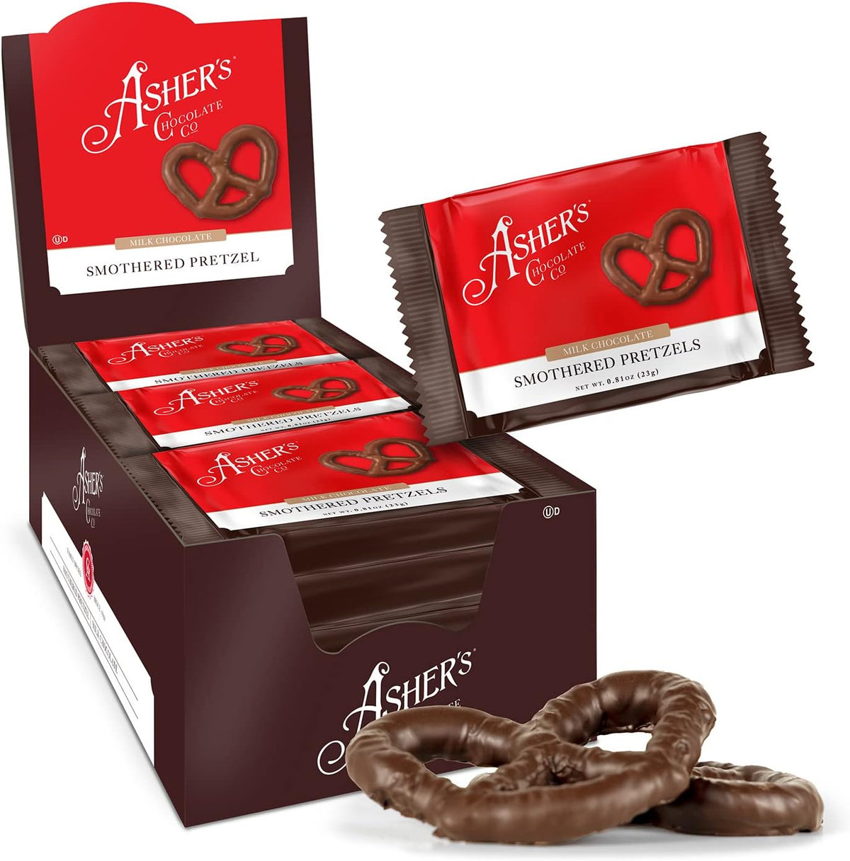 Asher's Chocolates milk chocolate covered pretzels front view