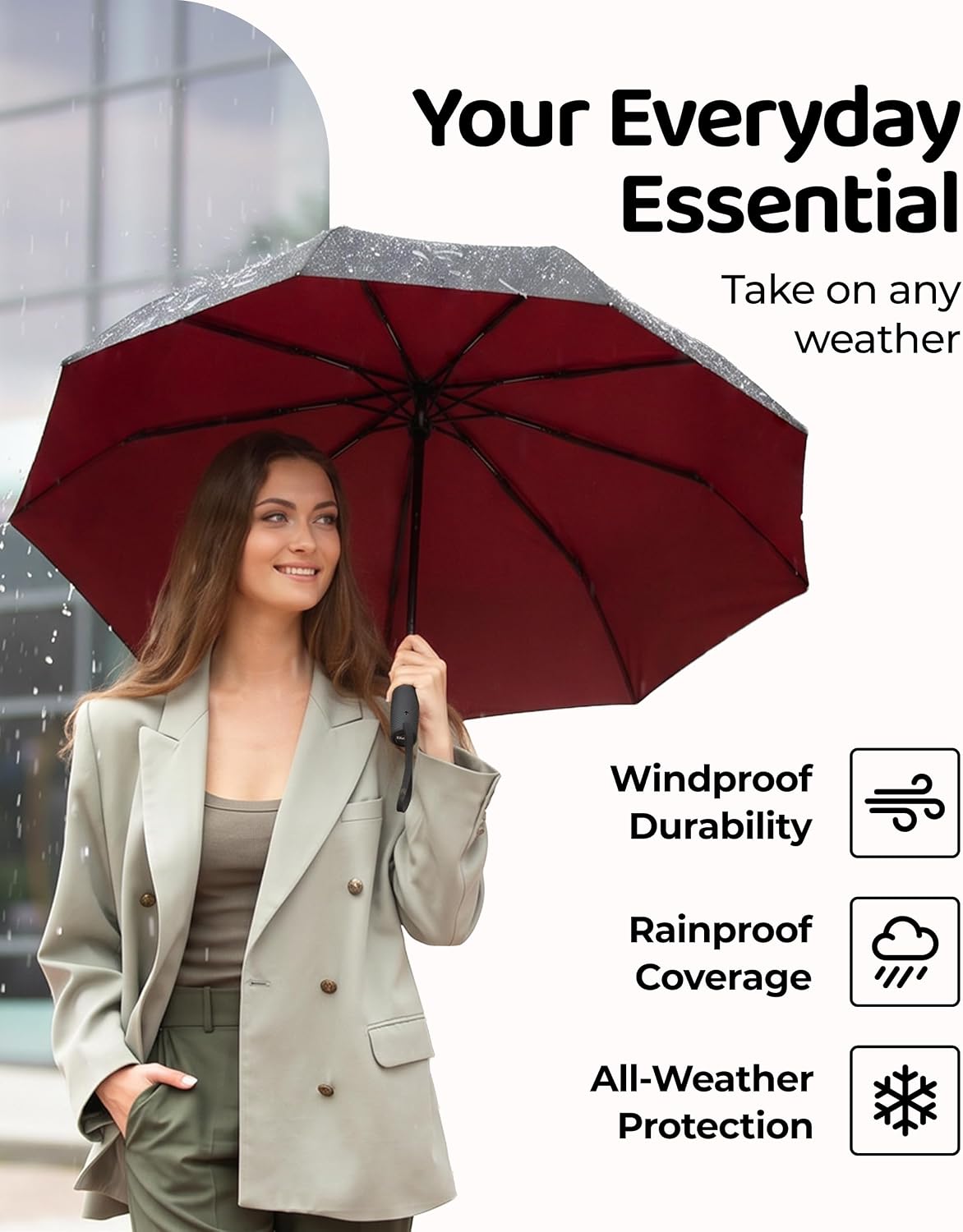 Windproof Travel Umbrella - Compact & Withstands Winds up to 100MPH, Strongest Premium Auto Folding Umbrella for Rain and Sun - Durable, Light & Portable for Women & Men, Fits Backpack & Cars - Image 6