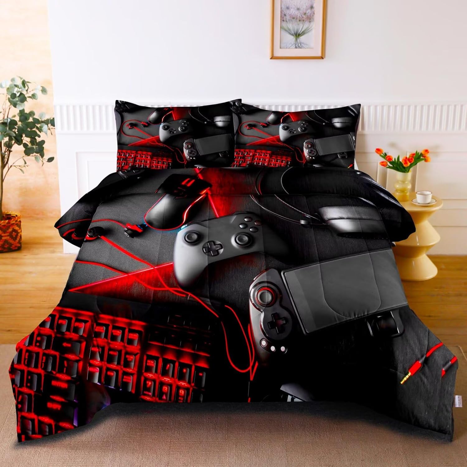 Grat Tioc gaming comforter set front view showing gamepad design