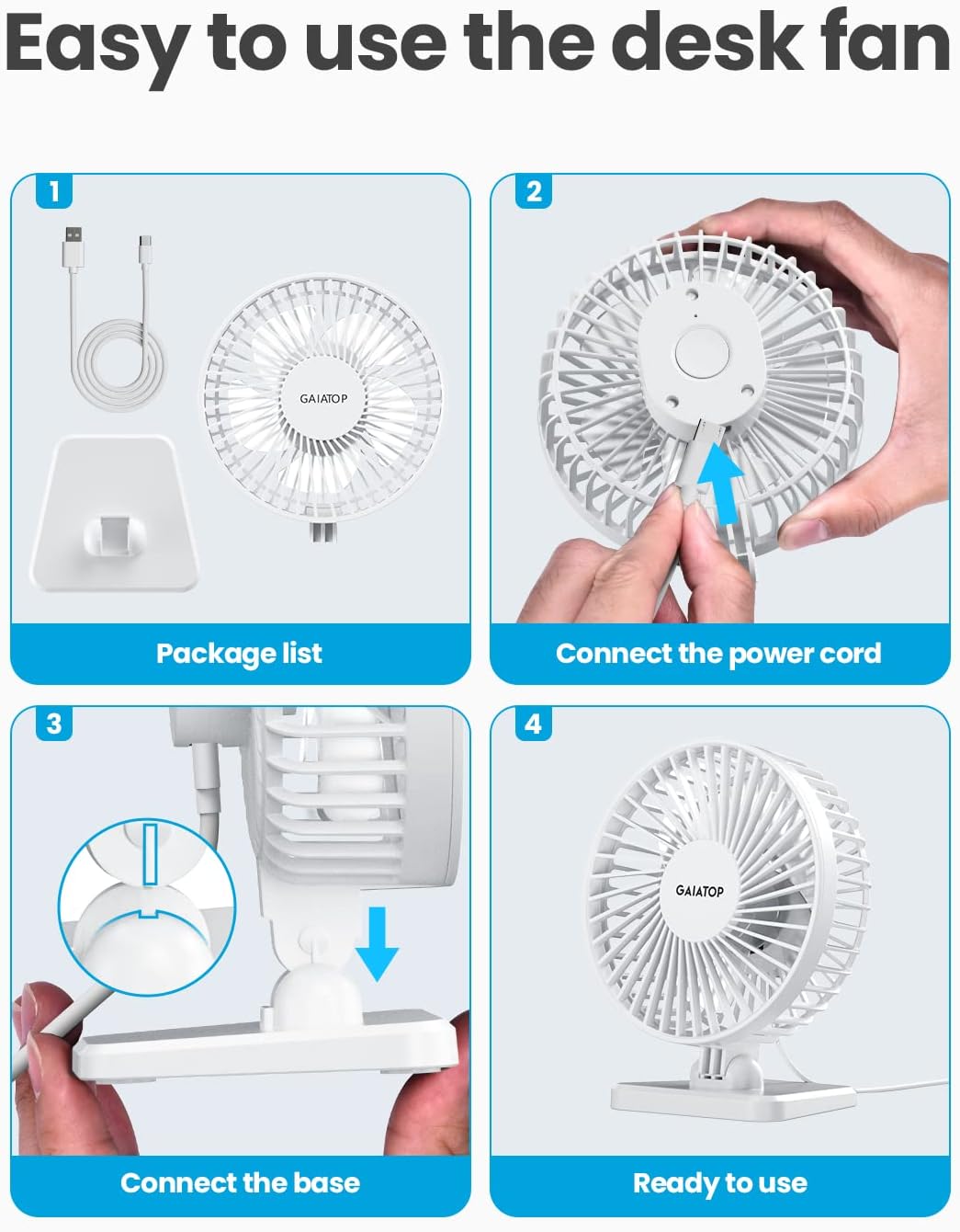 Gaiatop USB Desk Fan, Personal Portable Quiet Small Table Desktop fan - Image 4